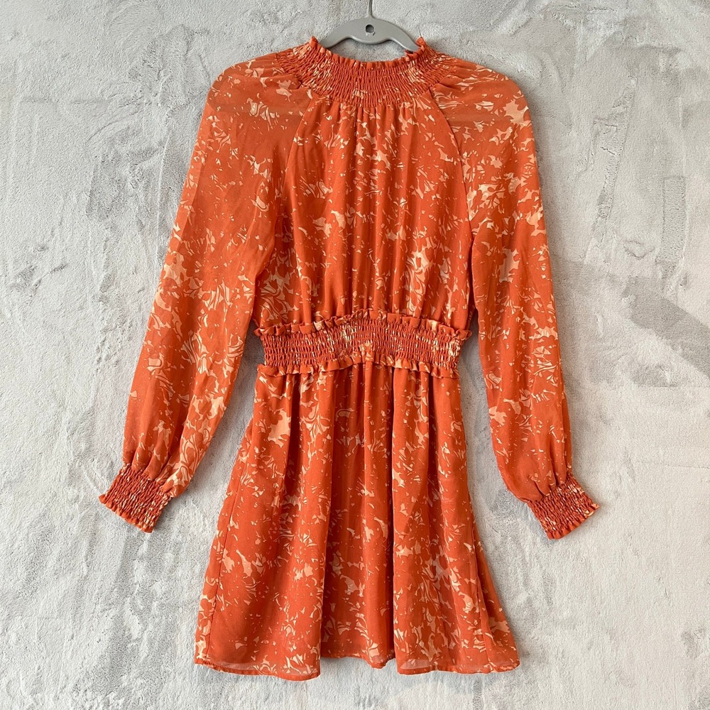 June &‎ Hudson S Orange Floral Mini Dress Smocked Long Sleeve Mock Neck Cute